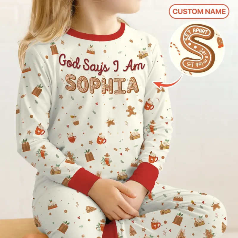 GingerBread God Says I Am Custom Name Two Piece Long Sleeve Pajama Set , GingerBread God Says I Am Custom Name Two Piece Long Sleeve Pajama Set - 12-18M