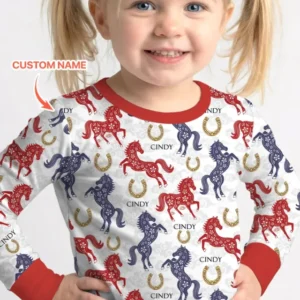 Custom Name Chinoiserie Horses Bamboo Two Piece Long Sleeve Pajama Set