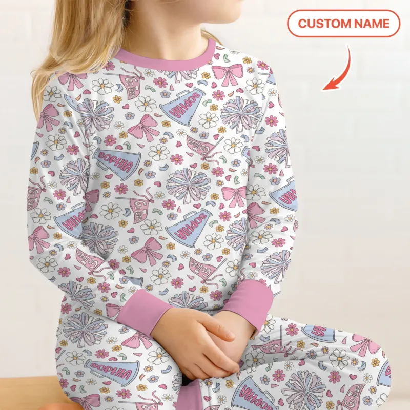 Custom Name Pastel Cheerleader Bamboo Two Piece Long Sleeve Pajama Set