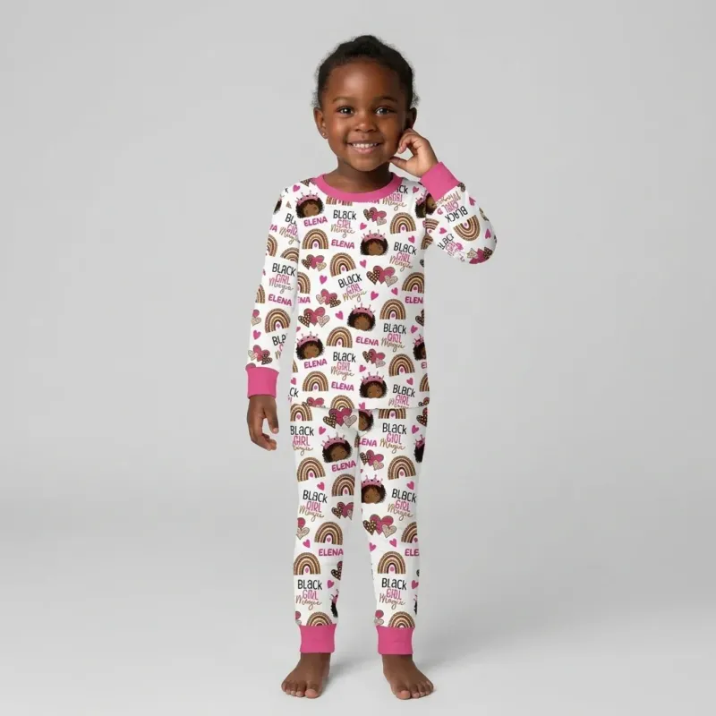 Custom Name Black Girl Magic Bamboo Two Piece Long Sleeve Pajama Set