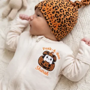 Custom Name Peek-A-Boo Pumpkin Ghost Applique Embroidered Bamboo Zipper Footie