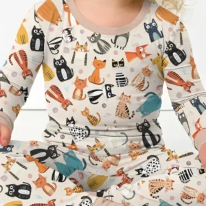 Goofy Mischief Cat Family Matching Bamboo Two Piece Long Sleeve Pajama Set