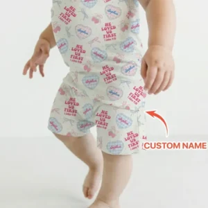 He Loved Us First Custom Name Bamboo Two Piece Short Sleeve Shorts Pajama Set
