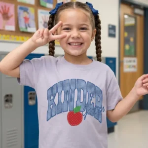 Hello Kinder Garten Applique Embroidered Bamboo Crewneck T-Shirt