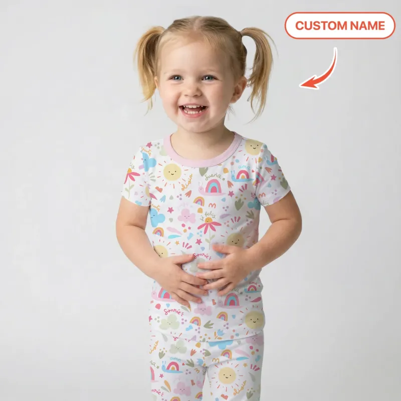 Custom Name Positive Spring Garden Bamboo Two Piece Short Sleeve Pajama Set