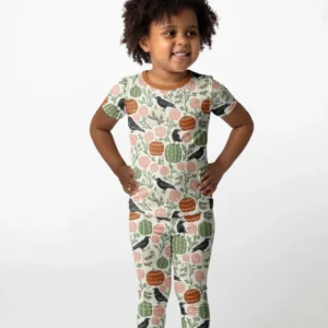 Country Crows with Mums and Pumpkins Bamboo Two Piece Short Sleeve Pajama Set