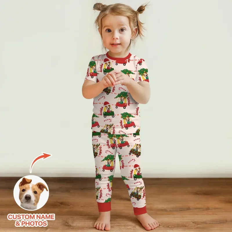Custom Pet Photo Christmas Tikes Car Bamboo Two Piece Short Sleeve Pajama Set