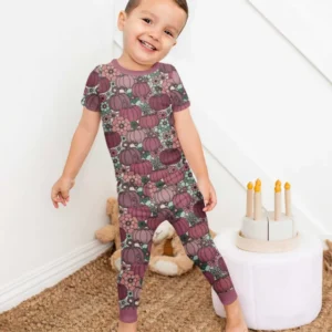 Retro Floral Pumpkin Patch Bamboo Two Piece Short Sleeve Pajama Set