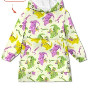 Custom Name Mardi Gras Alligator Wearable Bamboo Blanket Hoodie