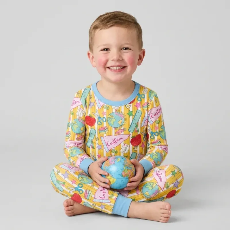 Custom Back To School Pennant Bamboo Two Piece Long Sleeve Pajama Set
