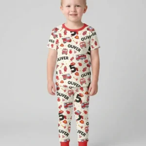 Custom Name Fire Truck Birthday Boy Bamboo Two Piece Short Sleeve Pajama Set