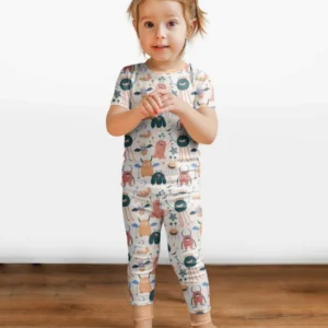 Monsters Fun Pastels Hand Painted Cute Bamboo Two Piece Short Sleeve Pajama Set