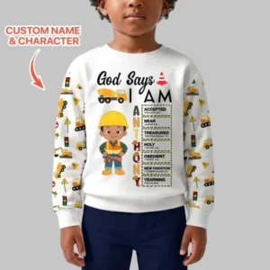 Custom Name God Says I Am Little Builder Letter in Bible Bamboo Crewneck Sweatshirt