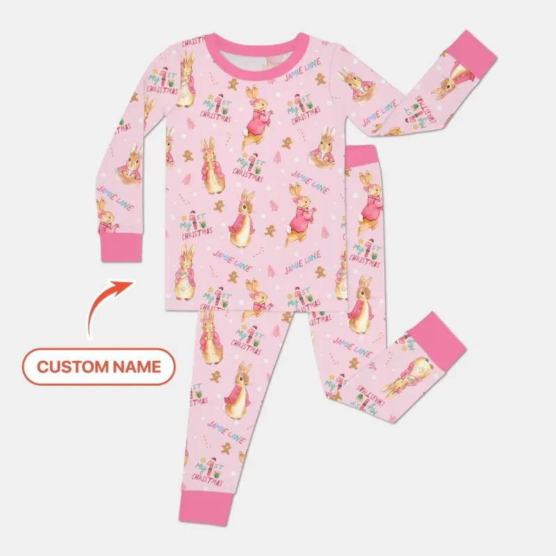 Custom 1st Christmas Rabbit Two Piece Long Sleeve Pajama Set , Custom 1st Christmas Rabbit Two Piece Long Sleeve Pajama Set - 12-18M