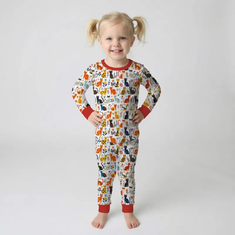 Whimsy Woodland Cats Bamboo Two Piece Long Sleeve Pajama Set