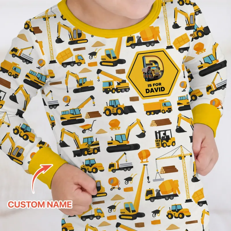 Custom Name Construction Initials Bamboo Two Piece Long Sleeve Pajama Set
