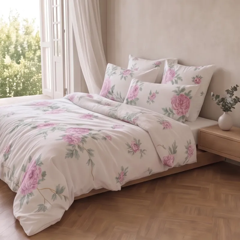 Parure en percale de coton motif Jardin, ambiance chambre - Maison Textile