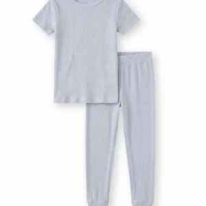 Light Fog Ribbed Bamboo Two Piece Short Sleeve Pajama Set
