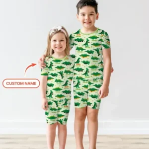 St. Patrick's Day Dinosaurs Custom Bamboo Two Piece Short Sleeve Shorts Pajama Set