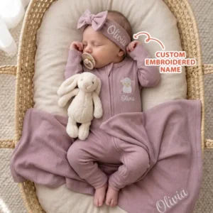 Personalized Baby Sheep Embroidered Ribbed Bamboo Welcome Home Bundle