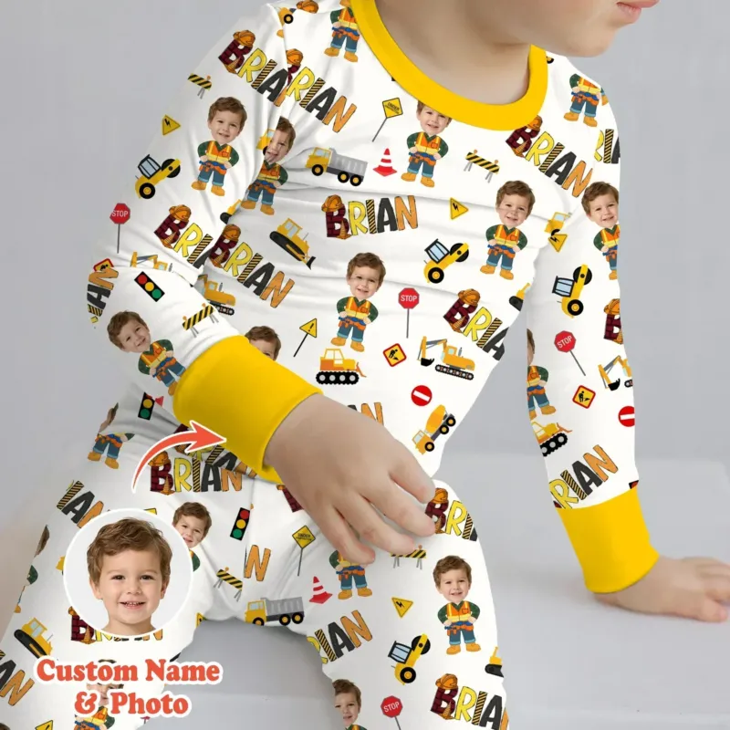 Custom Photo Doodle Little Builder Bamboo Two Piece Long Sleeve Pajama Set