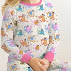 Meow Sunbathing Mommy & Me Matching Bamboo Two Piece Long Sleeve Pajama Set