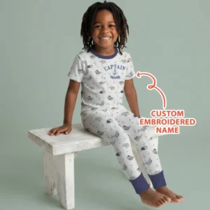 Custom Embroidered Name Little Captain of the Whale Crew Bamboo Two Piece Short Sleeve Pajama Set