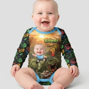 Custom Photo Dino Rawr Birthday Bamboo Bodysuit