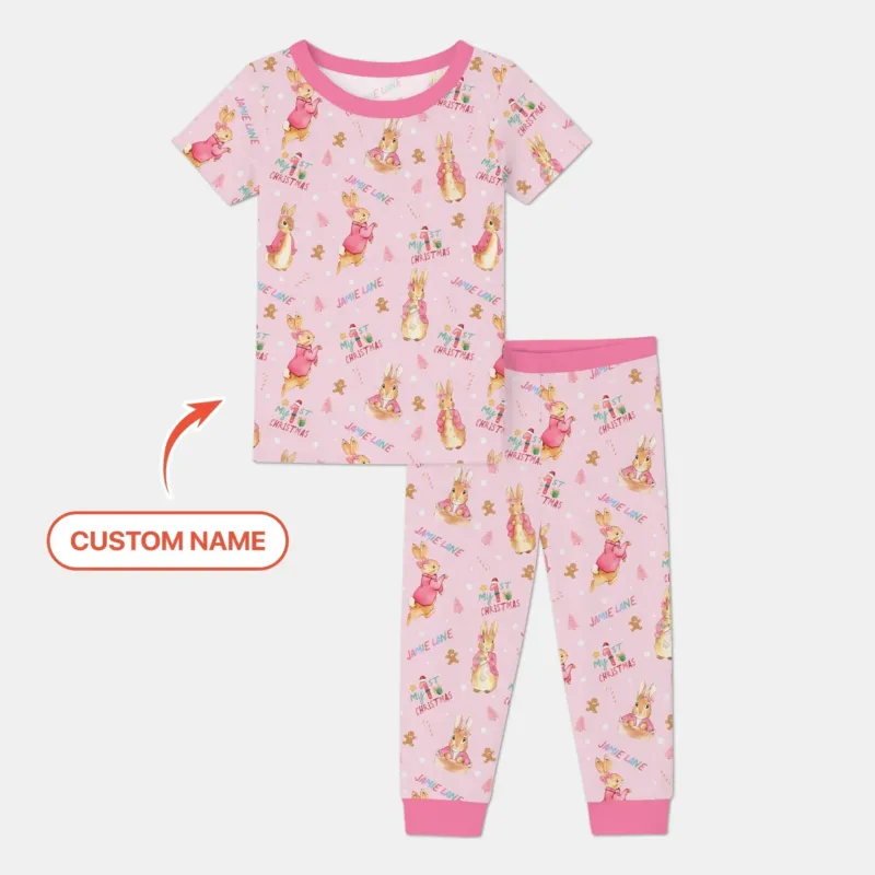 Custom 1st Christmas Rabbit Two Piece Short Sleeve Pajama Set , Custom 1st Christmas Rabbit Two Piece Short Sleeve Pajama Set - 12-18M