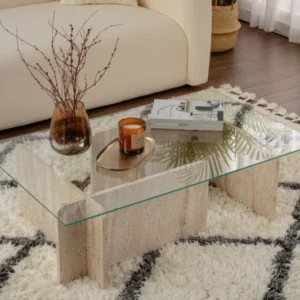 Couchtisch Fendro - mit rechteckiger Glasplatte und Travertin-Steinoptik