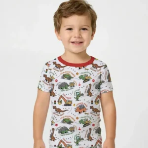 Dinosaur Construction Truck Bamboo Two Piece Short Sleeve Pajama Set