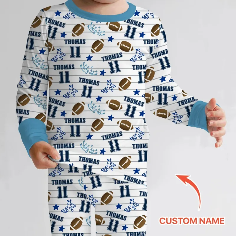 Custom Name Football Time Bamboo Two Piece Long Sleeve Pajama Set