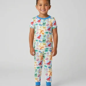 Rainbow Dino Friends Family Matching Bamboo Two Piece Short Sleeve Pajama Set