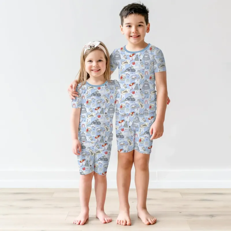 Christmas Train Bamboo Two Piece Short Sleeve Shorts Pajama Set