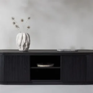 Designer TV-Lowboard Sundby – Schwarz in Eichenoptik mit Lamellenfront