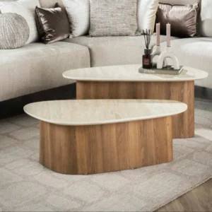 Couchtisch Sorelia - 2er Set mit Keramikplatte in Travertinoptik und dreieckiger Form