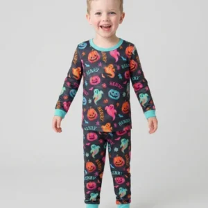 Custom Name Preppy Neon Pumpkin Bamboo Two Piece Long Sleeve Pajama Set