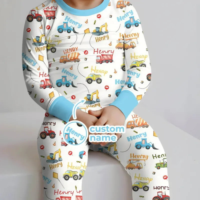 Custom Name Construction Vehicles Bamboo Two Piece Long Sleeve Pajama Set