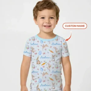 Custom Name Bunny Garden Bamboo Two Piece Short Sleeve Pajama Set