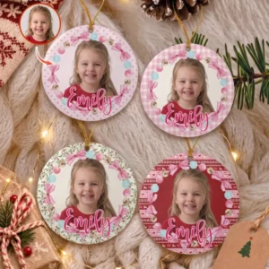 Custom Photo Pink Christmas Keepsake Ceramic Ornament