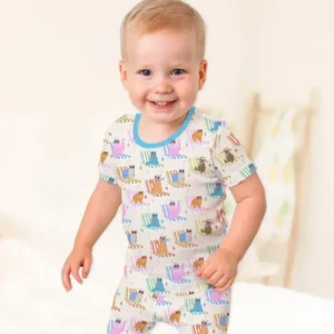 Meow Sunbathing Mommy & Me Matching Bamboo Two Piece Short Sleeve Shorts Pajama Set