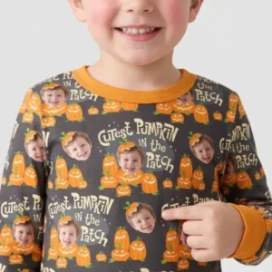 Custom Photo Cutest Pumpkin in the Patch Bamboo Two Piece Long Sleeve Pajama Set