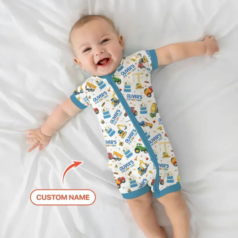 Custom Name Little Builder's Birthday Bamboo Shorty Zippy