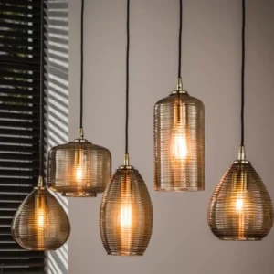 Pendelleuchte Lumira – Handgefertigte Glasschirme in Smoke-Braun (5-flammig)