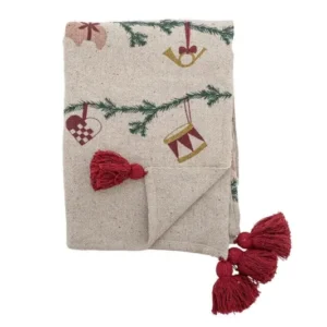 Überwurfdecke Aila - Natur/Rot, aus recycelter Baumwolle, mit Weihnachtsmotiven
