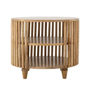 Couchtisch Keegan – Rundes Mangoholz-Design mit praktischen Ablagen
