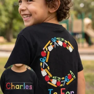 Custom Name Alphabet School Supplies Embroidered Bamboo Crewneck T-Shirt