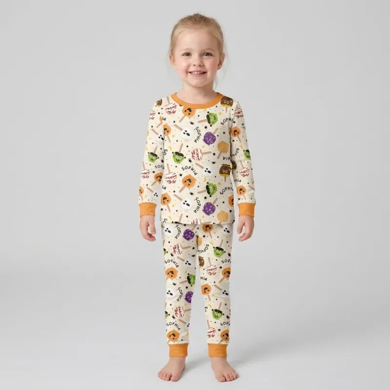 Custom Name Halloween Treats Bamboo Two Piece Long Sleeve Pajama Set