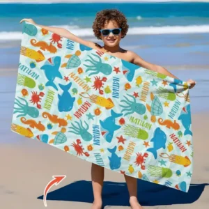 Custom Name Sea Life Kid Bamboo Beach Towel
