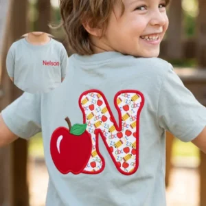 Custom Name Apple ABC Applique Embroidered Bamboo Crewneck T-Shirt